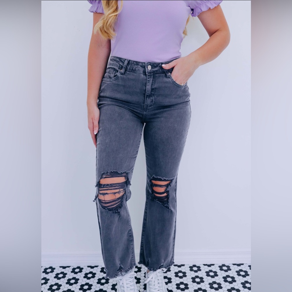 Ash Black Zenana Distressed frayed hem jeans